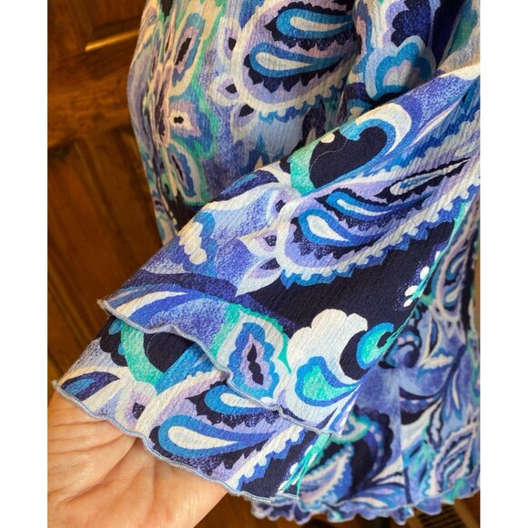 Soft Surroundings Blouse Sz ? Medium Top Blue Ruffled Edge Sleeve & V Hemline - Picture 3 of 11